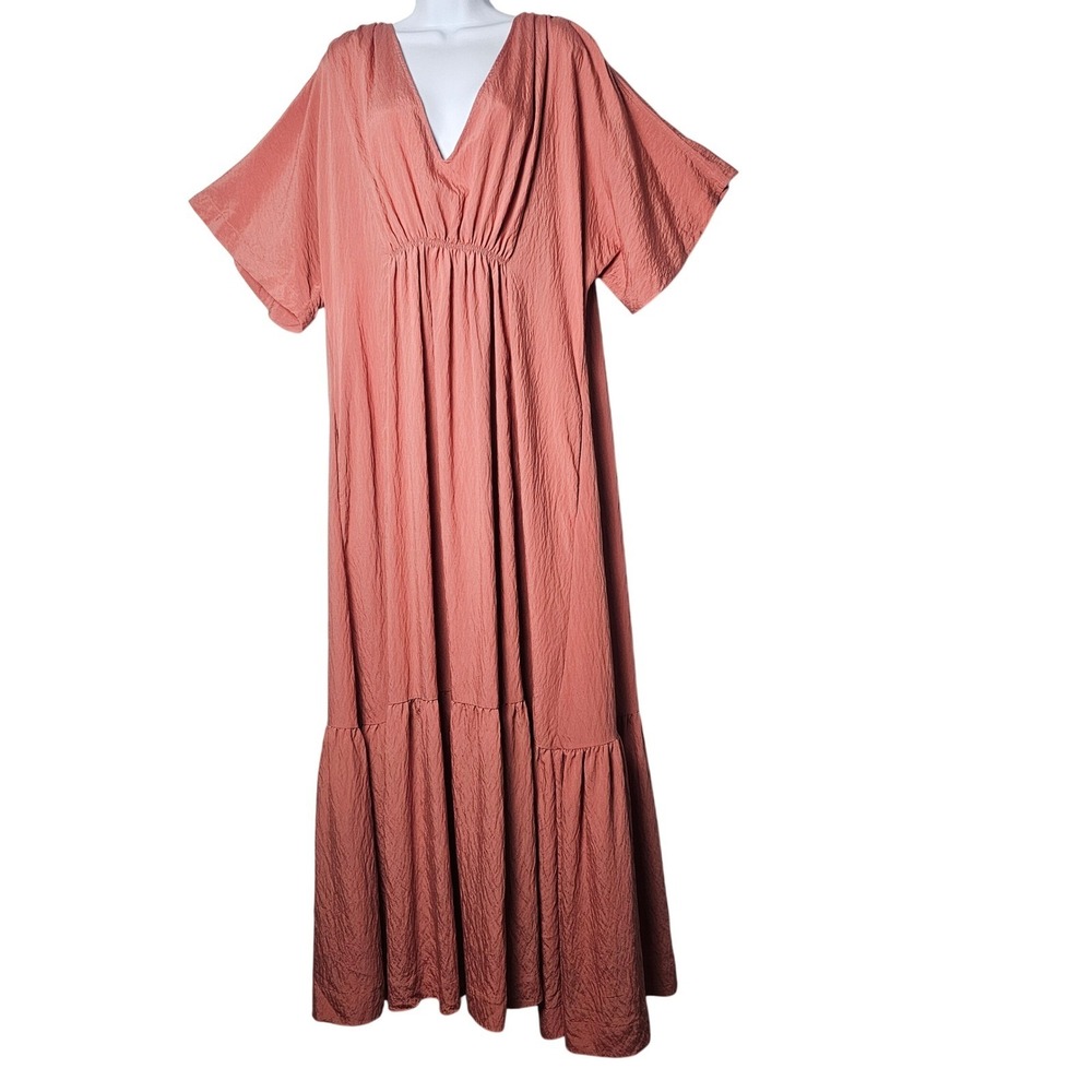 By Anthropologie V-Neck Waistless Maxi Somerset‎ XL Terracotta Rose Crinkle Boho - Picture 2 of 14